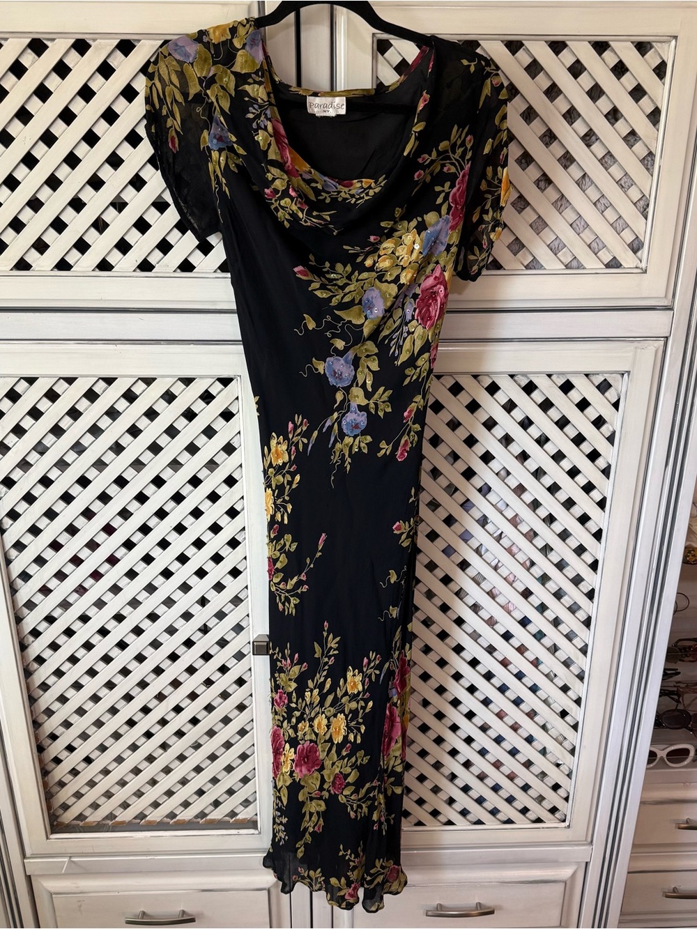 Vintage 90s Black floral sequin cowl neck maxi dress